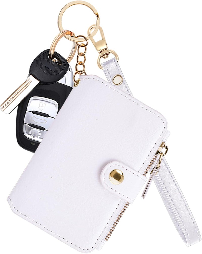 M-Plateau Wallet, Womens card Holder Leather Keychain Wallet With Zipper Coin Pocket ID Window Wrist Strap Gift Box (White) - Image 1